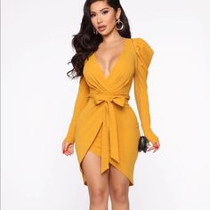 Brand New Never Worn In A Mustard Yellow. All Sales Final Mustard Dress Outfit, Vestidos Para Baby Shower, Wrap Dress Long Sleeve, Mustard Dress, Wrap Dress Long, Elegant Mini Dress, Dresses Fashion Nova, Wrap Around Dress, Sleeves Clothing