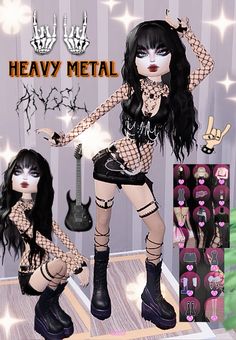 Inspo #dresstoimpress Di Heavy Metal, Dti Theme Heavy Metal, Cool Dti Outfits, Dti Hacks Dress, Different Styles Fashion List, Dress To Impress Glamour Theme, Heavy Metal Dress To Impress, Rockstar Dress To Impress, Popstar Outfits Ideas Dress To Impress