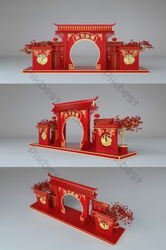 three different views of a red and gold chinese building