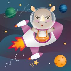 an animal in a space suit is flying through the air on top of a rocket