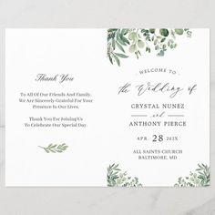 an elegant wedding program with greenery on it