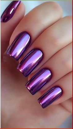 Purple Metallic Nails, Metallic Purple Nails, Homecoming Nail Designs, Purple Gold Nails, Homecoming Inspo, Chrome Nail Designs, Designed Nails, Purple Chrome Nails, Hoco Nails