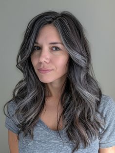 Natural Gray Transition, Natural Gray Highlights On Dark Hair, Brunette To Grey Hair, Dark Hair Grey Roots, Stacey London Hair, Best Brunette Color To Hide Gray, Transitional Grey Hair, Lowlights For Silver Hair, Gray Hair With Black Lowlights