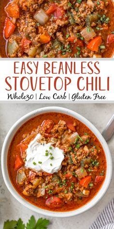 easy beanless stovetop chili in a white bowl with sour cream and parsley on top