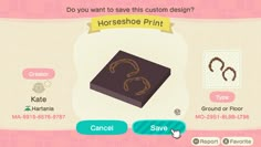 an animal crossing game screen with the text do you want to save this custom design?