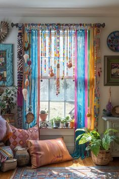 a living room filled with lots of colorful curtains