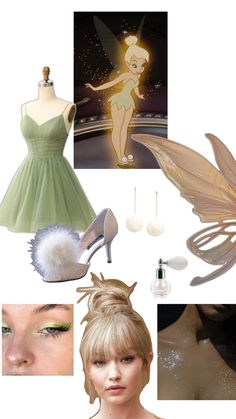 a collage of various items including a dress, shoes, and other things that are on display