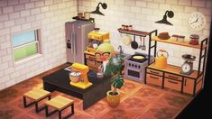 an animated kitchen with pots and pans on the stove, sink, oven, table and stools