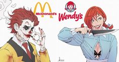 two people dressed as the characters from mcdonald's and wendy's, one holding a knife