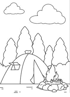 a camping scene with a tent and campfire