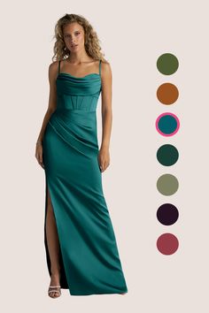 a woman in a long green dress with different colors and shapes to choose from,