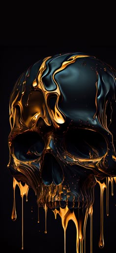 a black and gold skull with dripping liquid