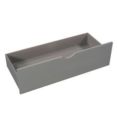 an empty gray box with two compartments on the front and one drawer open to show it's contents