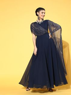 Buy magnificent navy blue georgette partywear solid dresses online at best price from Inddus with free shipping.