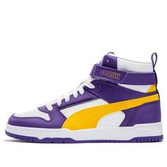 PUMA RBD Game 'White Purple Yellow' 385839-04 (SNKR/Skate/Unisex/Non-Slip/High Top/Wear-resistant) White Casual High-top Sneakers For Training, Casual White High-top Sneakers For Training, White Breathable Sneakers For Skateboarding, Purple High-top Sneakers For Light Sports, White Skate Shoes With Boost Midsole For Training, White Sporty Skate Shoes For Training, Sporty White Skate Shoes For Training, White Sporty High-top Sneakers For Training, Cute Nike Shoes