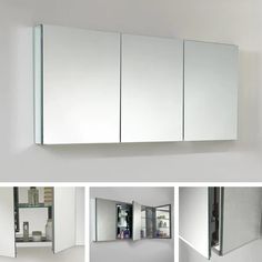 four different views of a bathroom mirror and medicine cabinet