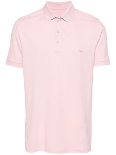 salmon pink cotton blend piqué weave embroidered logo at the chest polo collar front button placket short sleeves short side slits straight hem Classic Pink Collared Top, Classic Pink Tops With Collared Neckline, Classic Pink Collared Polo Shirt, Classic Pink Polo Shirt, Fitted Pink Polo Shirt With Short Sleeves, Classic Pink T-shirt For Summer, Fitted Pink Polo Collar T-shirt, Classic Fitted Pink Polo Shirt, Pink Cotton Polo Shirt With Polo Collar