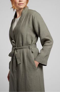 Garment-washed European flax lends a cozy, lived-in feel to a soft robe in slightly heavier linen for the perfect drape. 49" length (size Medium)   Long sleeves   Removable tie belt   100% flax   Machine wash, tumble dry   Made in Portugal   OEKO-TEX®–certified materials free of harmful substances Linen Robe, Soft Robes, Gender Inclusive, Grey Clouds, Medium Long, Grey Cotton, Big And Tall, Mustard Yellow, Afternoon Tea