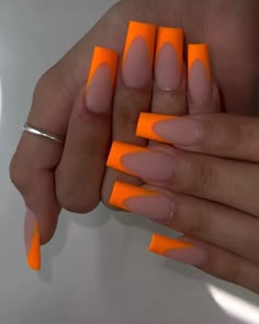 Orange Neon Acrylic Nails, Orange Medium Acrylic Nails, Orange Nails Acrylic French Tip, Long Orange French Tip Nails, Neon Acrylic Nails Square, Orange French Nails Tips, Long Neon Orange Acrylic Nails, Neon Red French Tip Nails, Neon Orange Acrylic Nails French Tips