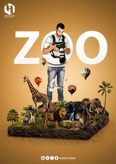 a man standing on top of a small island surrounded by animals and hot air balloons