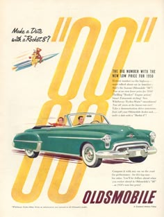 an old advertisement for oldsmobile with two men in the car