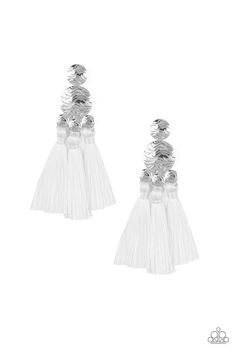 Etched in wavy textures, a collection of glistening silver discs coalesce into a bubbly frame. Three white threaded tassels swing from the bottom of the glistening frame for a flirtatious finish. Earring attaches to a standard post fitting. Sold as one pair of post earrings. P5PO-WTXX-203XX White Tassel Earrings, Bling Party, Pink Jewels, White Tassel, Paparazzi Accessories, Paparazzi Jewelry, White Earrings, Fringe Earrings, Silver Frame