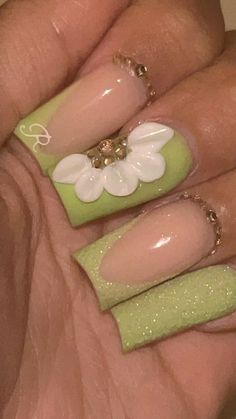 Green Nails Acrylic Long, Green Nails With Charms, Green Cute Nails, Green Nails Acrylic Short, Cute Green Nails, Nail Inspo Green, Light Green Nails, Green Nails Acrylic, Sage Green Nails