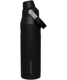 thermos bottle is black and has a stainless steel lid with a metal clip on it