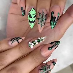 Amazon.com: Halloween Press on Nails Medium Almond Fake Nails Nude Full Cover Green Spider Web Nightmare Before Christmas Nails Rhinestones False Nails with Designs Acrylic Artificial Nails for Women Girls 24Pcs : Beauty & Personal Care Ny Nails, Nightmare Before Christmas Nails, Nails Grunge, Black Almond Nails, Halloween Manicure, Fake Nails Long, Nagel Tips