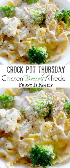 two pictures of chicken and broccoli alfredo on a white plate with the words crock pot chicken broccoli alfredo