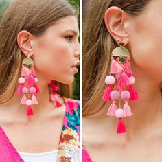 bold pink tassel earrings Trendy Dangle Tassel Earrings For Summer, Trendy Summer Tassel Dangle Earrings, Summer Fringe Chandelier Drop Earrings, Beach Dangle Chandelier Earrings With Tassels, Spring Beach Tassel Drop Earrings, Trendy Pink Dangle Tassel Earrings, Summer Party Chandelier Earrings With Tassels, Trendy Pink Tassel Earrings, Spring Beach Earrings With Fringe