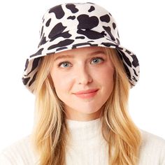 White Polyester One Size Cow Patterned Bucket Hat. Show your trendy side with this chic animal print hat. Have fun and look Stylish. Great for covering up when you are having a bad hair day Cow Print Bucket Hat, Cow Print Pattern, Black And White Cow Print, White Cow Print, Artisan Market, Black And White Cow, Bucket Hat White, Bucket Hat Black, Wide Brim Sun Hat