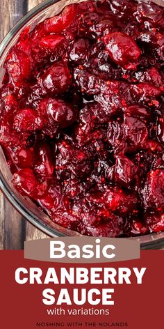 cranberry sauce in a glass bowl on top of a wooden table with text overlay