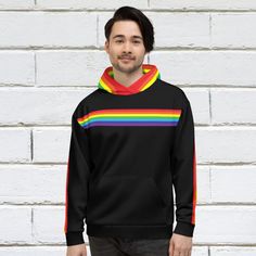 Show off your rainbow pride in this trendy black hoodie with rainbow flag stripes. You'll love how soft, warm and cozy it feels on. Perfect for all your adventures. STYLE GUIDE *Genderless pullover hoodie *Cozy and soft *Brushed fleece fabric inside *Double-lined hood with design on both sides MATERIAL 70% polyester / 27% cotton / 3% elastane 👉 Printed, cut & made to order Please check the Size Guide which can be found in the listing photos and check our FAQ's for further details regarding Rainbow Clothing, Pride Hoodie, Rainbow Hoodie, Hippie Hoodie, Rainbow Outfit, Rainbow Sweater, Hoodie Cozy, Festival Clothing, Faith Shirt