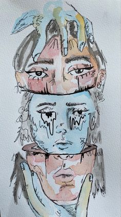 a drawing of two people with their faces covered in blue and pink paint, one is holding