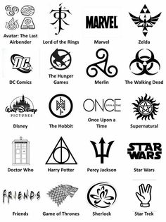 the harry potter symbols are shown in black and white, as well as some other things