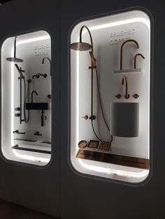 three different types of shower faucets are shown through the window