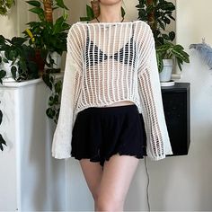 Amazingly Cute Trendy Sheer Knit Sweater With Scooped Neckline. Chunky Crochet Knit Perfect For Spring And Summer Coverups. Such A Sweet And Flattering Piece To Have In Your Wardrobe. Model Measurements: Xs/S 5’4 Height 25” Waist 34b Bust Bundles Encouraged Message Me Questions! #Top #Sheer #Y2k #Urban #Knit