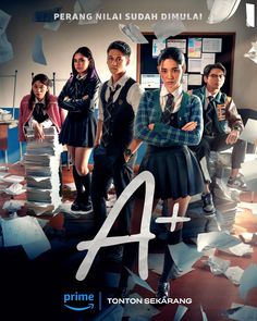 a poster for the movie 4 + prime, featuring young people in school uniforms and papers