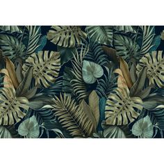 an image of a wallpaper with tropical leaves and plants on the side, in shades of green