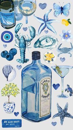 a painting of blue bottles, glasses and other items in the shape of hearts on a white background