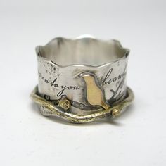 Janice Art Jewelry Freeform Ring, Birds On A Branch, Antique Engagement Ring, Metal Clay Jewelry, Custom Wedding Rings, Feather Print, Wide Band Rings