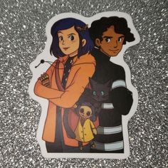 a sticker with an image of two people standing next to each other