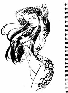 a drawing of a woman with long hair and tattoos on her body, in black and white