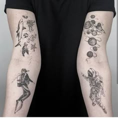 a person with tattoos on their arms and arm sleeves, both showing different things that appear to be floating in the air