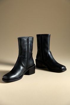 Leather upper, insole Rubber sole Side zip Imported | Block Heel Boots by Anthropologie in Black, Women's, Size: 36, Leather/Rubber Anthropologie Boots, Black Mid Calf Boots, Women Heel Boots, Black Moto Boots, T Strap Shoes, Tall Brown Boots, Black Heel Boots, Block Heel Boots, Black Boots Women