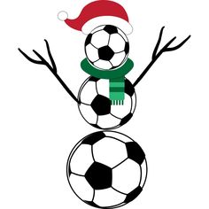 a snowman with a soccer ball in his hand and a santa hat on top