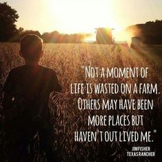 a person standing in a field with the sun shining behind them and an image of a farm