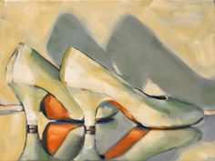 a painting of some white high heels on a yellow and gray background with orange accents