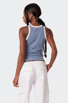 PRODUCT INFO Tank top Contrast binding Ribbed fabric Cotton, Polyester, Spandex Model wears size S Model height is 5'9 Item care: Wash with similar color Ribbed Tank Top, Ribbed Tank Tops, Ribbed Tank, Ribbed Fabric, S Models, Model Height, Fabric Cotton, Polyester Spandex, Binding